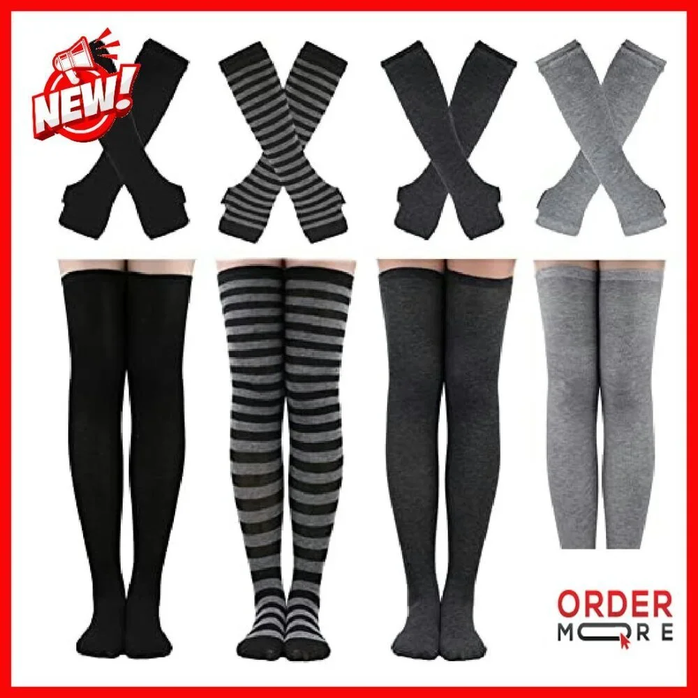 Striped Knee High Socks & Fingerless Gloves Set - 4/2 Pairs